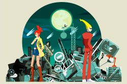 1boy 1girl akira_kira blonde_hair boots brown_footwear building cat_(ghost_trick) crane_(machine) crate formal_clothes full_moon ghost_trick hands_in_pockets jacket junkyard long_hair looking_to_the_side lynne_(ghost_trick) meteor moon night outdoors pants ray_(ghost_trick) red_hair red_pants red_suit road_sign shoes sign sissel_(ghost_trick) skyscraper standing suit sunglasses traffic_light unused_tire white_footwear wrecking_ball yellow_jacket