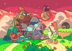 baby_bowser baby_mario big_boo bigger_boo bowser burt_(yoshi&#039;s_island) burt_the_bashful bush chain_chomp cloud dirt_road eto2d evening flower hookbill_the_koopa marching_milde mario mario_(series) moon mountain naval_piranha nintendo open_mouth outdoors raphael_the_raven road salvo_the_slime shoes sluggy_the_unshaven smile yoshi yoshi&#039;s_island