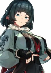 1girl animal_ears black_hair black_necktie blue_eyes blunt_bangs breasts crop_top cropped_jacket eyebrows_hidden_by_hair high-waist_shorts highres jane_doe_(zenless_zone_zero) large_breasts long_hair looking_at_viewer low_ponytail mouse_ears mouse_girl mouse_tail multicolored_hair necktie ponytail purple_hair red_necktie shorts smile solo standing streaked_hair tail unokikazu very_long_hair white_background zenless_zone_zero