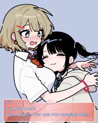 Rule 34 | 2girls, ameniwa, armlet, bilingual text, black hair, blonde hair, blue bow, blue bowtie, blush, bow, bowtie, breasts, character name, closed eyes, collared shirt, commentary, dialogue box, earrings, english commentary, english text, green eyes, hair ornament, hairpin, highres, hug, jewelry, large breasts, light smile, mixed-language text, multiple girls, nose blush, open clothes, open mouth, original, red bow, red bowtie, school uniform, shirt, short hair, short sleeves, side ponytail, signature, simple background, smile, surprised, sweater, white shirt