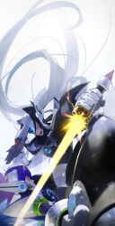 Rule 34 | 2boys, absurdres, axl (mega man), battle, black zero (mega man), energy sword, gun, gun to head, highres, holding, holding gun, holding sword, holding weapon, long hair, male focus, mega man (series), mega man x (series), multiple boys, purple hair, simple background, smirk, sword, wawadochi, weapon, white axl (mega man), white background, white hair, zero (mega man)