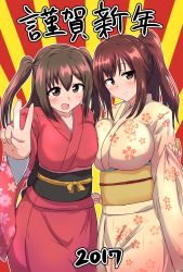 2017 2girls blush breasts brown_eyes brown_hair commentary_request floral_print hair_between_eyes highres huge_breasts japanese_clothes kimono large_breasts long_hair long_sleeves looking_at_viewer multiple_girls new_year obi open_mouth original sash senshiya side_ponytail smile translated twintails v wide_sleeves yukata