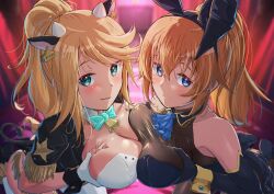 Rule 34 | 2girls, alice gear aegis, animal ears, blonde hair, blue eyes, breast press, breasts, charlotte e. yeager, cleavage, cow ears, crossover, green eyes, highres, multiple girls, name connection, orange hair, origami yakko, ponytail, rabbit ears, shirley oakley, strike witches, world witches series