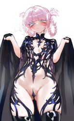 1girl absurdres aqua_eyes black_cape black_dress black_nails black_thighhighs blush braid braided_hair_rings breasts cape chronopattern_dress closed_mouth colored_eyelashes commentary dress english_commentary fingernails foolish_potato gluteal_fold hair_rings highres maebari nail_polish nanakusa_nazuna_(yofukashi_no_uta) pink_hair simple_background solo thighhighs thighs white_background yofukashi_no_uta