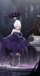 1girl absurdres bare_shoulders bent_over black_shoes blue_archive closed_mouth demon_girl demon_horns demon_tail dress elbow_gloves gloves hair_bun high_heels highres hina_(blue_archive) hina_(dress)_(blue_archive) horns instrument jewelry ken_arthem looking_at_viewer necklace pantyhose piano purple_dress purple_eyes purple_gloves purple_pantyhose shoes skirt_hold star_(symbol) star_print stool tail white_hair