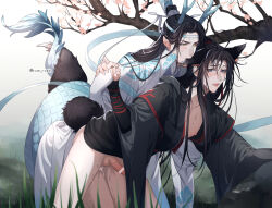 2boys anal animal_ears bar_censor bishounen black_hair black_hanfu blush bottomless branch censored chinese_clothes cum cum_in_ass cumdrip dragon_boy eastern_dragon_horns eastern_dragon_tail erection fox_boy fox_ears fox_tail grass grey_eyes hair_ribbon hanfu headband holding_hands interlocked_fingers kemonomimi_mode lan_wangji layered_sleeves long_hair long_sleeves male_focus modao_zushi multiple_boys nipples open_mouth outdoors penis ponytail ran_kisaragi ribbon ribboned_xiao_guan robe saliva scales sex sex_from_behind sweat sweatdrop tail testicles topknot tree twitter_username wei_wuxian white_hanfu white_headband wide_sleeves xiao_guan_(headdress) yaoi yellow_eyes