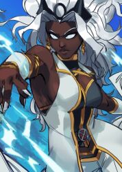 1girl animification arc_system_works blue_eyes bodysuit breasts cape cleavage dark-skinned_female dark_skin earrings electricity hex_rkgk highres jewelry large_breasts lightning lightning_bolt_earrings lightning_bolt_symbol long_hair looking_at_viewer marvel marvel_tokon:_fighting_souls solo storm storm_(x-men) superhero_costume very_dark_skin white_eyes white_hair x-men