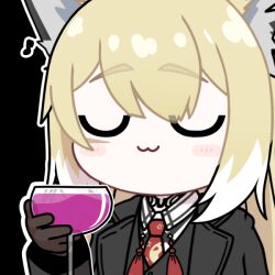 1girl :3 acomu414 animal_ears animated animated_gif arknights black_gloves black_jacket blonde_hair blush closed_eyes commentary_request cup drinking_glass fox_ears fox_girl gloves holding holding_cup jacket korean_commentary long_sleeves musical_note necktie outline red_necktie simple_background solo transparent_background vulpisfoglia_(arknights) white_outline wine_glass