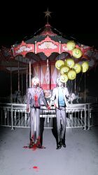 2boys amusement_park antenna_hair balloon black_choker black_jacket black_pants black_shirt blonde_hair blood blood_on_clothes blood_on_face blood_splatter blue_shirt braid choker closed_eyes collared_shirt gradient_hair hair_between_eyes highres holding holding_balloon holding_hands honkai:_star_rail honkai_(series) horror_(theme) jacket male_focus medium_hair multicolored_hair multiple_boys mydei_(chrysos_chef)_(honkai:_star_rail) mydei_(honkai:_star_rail) pants parted_bangs phainon_(chrysos_chef)_(honkai:_star_rail) phainon_(honkai:_star_rail) red_hair shirt short_hair side_braid suirandanshihao too_many_balloons turtleneck white_hair white_shirt yellow_eyes