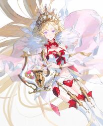 1girl blonde_hair bow bracelet breasts brooch cape cleavage crown europa_(fate) fate/grand_order fate_(series) fur_collar garter_belt gold_bracelet grey_background hand_up harp heart heart_brooch highres holding holding_harp holding_instrument holding_lyre instrument jewelry lingerie long_hair looking_at_viewer lyre medium_breasts nail_polish navel panties parted_lips pink_cape purple_eyes red_bow red_nails red_panties shirt simple_background solo thighhighs uda_(xax_057) underwear very_long_hair white_garter_belt white_shirt white_thighhighs