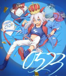 1girl animal_ears belt blue_boots blue_eyes blue_jacket blush boots box breasts character_name confetti crown dated fox_mask gift gift_bag gift_box grey_hair happy_birthday headband highres horse_ears horse_girl horse_tail jacket long_hair mask midriff navel one_eye_closed open_clothes open_jacket open_mouth pants shirt small_breasts smile solo spotlight tail tamamo_cross_(umamusume) tank_top umamusume white_pants white_shirt yangmal_(uma_red_sheep)