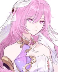 1girl absurdres breasts cleavage corset diamond-shaped_pupils diamond_(shape) elysia_(herrscher_of_human:_ego)_(honkai_impact) elysia_(honkai_impact) gloves highres honkai_(series) honkai_impact_3rd large_breasts long_hair looking_at_viewer pink_hair purple_eyes simple_background solo symbol-shaped_pupils upper_body veil very_long_hair white_background white_corset white_gloves white_veil ying_yutian