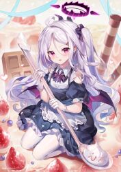 1girl absurdres bare_shoulders black_dress blue_archive cake_stand chocolate dot_nose dress guzangnanfeng halo highres hina_(blue_archive) holding holding_spoon kneeling light_blush long_hair looking_at_viewer maid mini_wings pantyhose parted_lips purple_eyes purple_hair purple_halo purple_wings solo spoon very_long_hair white_hair white_pantyhose wings