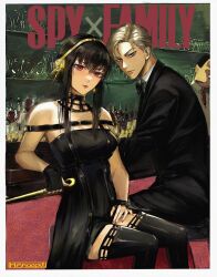 Rule 34 | 1boy, 1girl, artist name, bar (place), bare shoulders, black bow, black bowtie, black dress, black gloves, black hair, black jacket, black pants, black thighhighs, blonde hair, blue eyes, border, bow, bowtie, breasts, chair, closed mouth, collared shirt, commentary, copyright name, dagger, dress, earrings, feet out of frame, fingerless gloves, from side, gloves, gold hairband, hair between eyes, hairband, hashtag-only commentary, henoopd, highres, holding, holding dagger, holding knife, holding weapon, indoors, jacket, jewelry, knife, lips, long hair, long sleeves, looking at viewer, medium breasts, on chair, pants, parted lips, red eyes, red nails, shirt, short hair, sidelocks, sitting, spy x family, stiletto (weapon), thighhighs, twilight (spy x family), weapon, white border, white shirt, yor briar