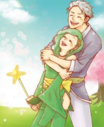 1boy 1girl aged_up bridal_gauntlets detached_sleeves edward_geraldine final_fantasy final_fantasy_iv final_fantasy_iv:_the_after_years green_hair green_thighhighs hair_ornament holding jewelry long_hair open_mouth rydia_(ff4) skirt smile thighhighs tree white_hair yakisake_arimasu