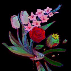 Rule 34 | black background, blood, cactus, flower, gardening shears, gladiolus, no humans, omori, red flower, red rose, rose, simple background, sun iiinu, tulip, white flower, white tulip