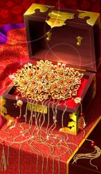 box chocolate_lady_no_karasawagi commentary fate/grand_order fate_(series) gold in_box in_container jewelry lasengle lens_flare no_humans object_focus object_request official_art red_background red_theme sparkle still_life third-party_source