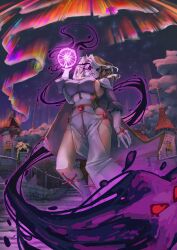 1girl 2024 absurdres alternate_costume arm_at_side arm_up aurora bare_legs blonde_hair boots borrowed_character breasts castle cloak commentary commission corset cross dark_star_(mario) dress elbow_gloves energy english_commentary euredaicy flag floating foreshortening forest gem gloves glowing gold_trim grey_shirt hair_over_one_eye highres hood hooded_cloak hoodie large_breasts locket_white_(bakalorin) long_sleeves looking_at_viewer magic mario_(series) nature night night_sky nintendo original outdoors pelvic_curtain puffy_long_sleeves puffy_sleeves railing red_gemstone serious shirt shy_gal side_slit sky stairs star_(sky) starry_sky swept_bangs thick_thighs thighs tree variant_set white_boots white_cloak white_dress white_gloves white_hoodie white_mask
