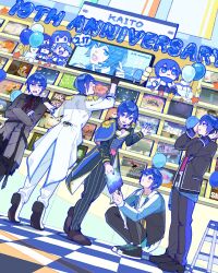 25-ji_kaito 5boys :&gt; arm_up arms_up balloon black_coat black_gloves black_jacket blue_cape blue_hair blue_jacket blue_nails blue_trim blush buttons cape character_doll character_name cinema_(vocaloid) coat commentary_request crossed_arms doll dot_nose double-breasted english_text epaulettes food gloves grey_shirt hair_between_eyes hand_on_another&#039;s_face happy_anniversary headphones headset holding ice_cream ice_cream_bar ifuudoudou_(vocaloid) jacket kachix2purin kaito_(vocaloid) kneeling leo/need_kaito loaded_interior long_sleeves looking_ahead looking_up more_more_jump!_kaito multiple_boys multiple_persona musical_note nail_polish neck_ribbon open_clothes open_jacket open_mouth pants peaky_peaky_(vocaloid) pinstripe_pattern pointing project_sekai pursed_lips rainy_snowdrop_(vocaloid) record red_ribbon ribbon samsa_(vocaloid) shanti_(vocaloid) shelf shirt short_hair side_cape sleeve_cuffs small_sweatdrop standing star_(symbol) striped_clothes striped_pants television tiptoes torn_clothes torn_shirt vertical-striped_clothes vertical-striped_pants vivid_bad_squad_kaito vocaloid white_coat white_pants wonderlands_x_showtime_kaito