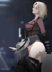 2girls absurdres artist_name black_gloves black_lips blonde_hair breasts character_request check_character chief_(path_to_nowhere) closed_eyes collarbone cunnilingus earrings female_chief_(path_to_nowhere) from_side gloves grabbing_another&#039;s_thighs grey_eyes grey_hair grey_hat hand_on_another&#039;s_head hat highres jewelry langley_(path_to_nowhere) large_breasts lipstick makeup multiple_girls necktie oral path_to_nowhere patreon_username pussy_juice seol_(baconontheclock) thighs twitter_username yuri