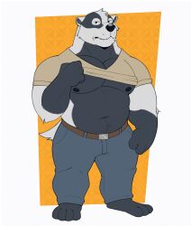 1boy badger_boy badger_ears badger_tail bara barefoot belly brown_shirt closed_mouth clothes_lift denim fat fat_man furry furry_male highres hitzuca jeans looking_at_viewer male_focus muscular muscular_male navel nikolai_krol_(the_smoke_room) nipples pants pectorals shirt shirt_lift the_smoke_room