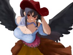 1girl absurdres bandana bare_shoulders black_hair black_wings breasts brown_hat cleavage closed_mouth cowboy_hat dress hat highres kurokoma_saki large_breasts looking_at_viewer moriforest1040 multicolored_dress pegasus_wings red_eyes short_sleeves simple_background solo touhou white_background white_bandana wings