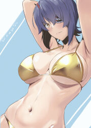 1girl armpits arms_up bikini blush breasts cleavage collarbone eyepatch gold_bikini golden_week golden_week_bikini highres kantai_collection large_breasts looking_at_viewer navel purple_hair shiny_skin shiny_swimsuit short_hair skindentation smile solo standing stomach swimsuit taira_yuuki tenryuu_(kancolle) underboob yellow_eyes
