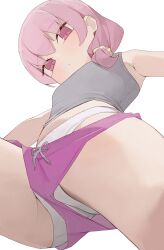 1girl breasts closed_mouth clothes_pull commentary cropped_shirt from_below grey_shirt highres hiroki_(yyqw7151) long_hair looking_at_viewer looking_down low_twintails original panties pink_eyes pink_hair pink_shorts shirt short_shorts shorts shorts_pull simple_background sleeveless sleeveless_shirt small_breasts solo twintails underwear white_background white_panties