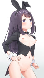 animal_ears black_bow black_bowtie bow bowtie breasts commentary_request fake_animal_ears gradient_background grey_background hand_on_own_hip highres leotard loli long_hair long_sleeves meow_(nekodenki) nipples original playboy_bunny purple_hair pussy rabbit_ears small_breasts standing