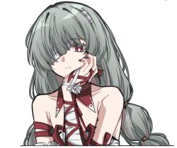 1girl bandage_over_one_eye bandaged_arm bandages bare_shoulders bright_pupils closed_mouth commentary earrings grey_hair hand_on_own_face hand_up highres jewelry long_hair looking_at_viewer nail_polish phrolova_(wuthering_waves) pokarii_zuu red_eyes red_nails simple_background solo tacet_mark_(wuthering_waves) white_background white_pupils wuthering_waves
