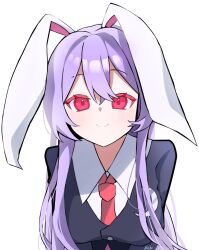 1girl animal_ears artist_name black_jacket blazer blush breasts collared_shirt crescent highres jacket long_hair looking_at_viewer medium_breasts necktie pink_skirt purple_hair rabbit_ears rabbit_girl red_eyes red_necktie reisen_udongein_inaba shirt simple_background skirt smile solo touhou white_shirt yuki6220821