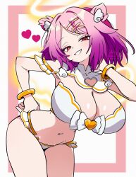 1girl amato_tenshi artist_name asami-chan bare_shoulders bikini blonde_hair blush bracelet breasts cleavage collar commentary commission detached_collar english_commentary grin hair_ornament heart highres huge_breasts jewelry leaning_to_the_side looking_at_viewer mahjong_fight_girl medium_hair navel pink_background pink_eyes pink_hair skeb_commission smile solo stomach swept_bangs swimsuit thighs two-tone_background two_side_up white_background white_bikini white_collar yellow_trim