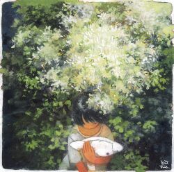 Rule 34 | 1girl, black hair, border, branch, closed eyes, face in shadow, hgreeee, holding, holding stuffed toy, hugging object, in shadow, leaf, leaf on head, looking down, original, outdoors, plant, short hair, solo, stuffed animal, stuffed toy, sunlight, tree, under tree, white border
