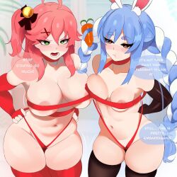 2girls :t animal_ears annoyed antmongo black_gloves black_thighhighs blue_hair breasts closed_mouth collarbone elbow_gloves embarrassed english_text expressionless eyebrows_hidden_by_hair eyelashes feet_out_of_frame female_focus fingerless_gloves gloves green_eyes hands_on_own_hips highres hololive large_breasts long_hair looking_at_viewer lower_teeth_only multicolored_hair multiple_girls navel nipple_slip nipples one-piece_swimsuit one_side_up open_mouth orange_eyes pink_hair pov rabbit_ears rabbit_girl red_gloves red_one-piece_swimsuit red_thighhighs sakura_miko slingshot_swimsuit standing swimsuit teeth thick_eyebrows thick_thighs thighhighs thighs two-tone_hair usada_pekora virtual_youtuber white_hair