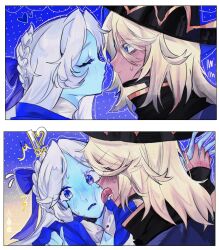 1boy 1girl blue_dress blue_skin blush cloak colored_skin cookie_run dress heterochromia highres komtooi21 licking licking_another&#039;s_face long_hair looking_at_viewer pure_vanilla_cookie pure_vanilla_cookie_(truthless_recluse) shadow_milk_cookie shadow_milk_cookie_(female) slit_pupils very_long_hair white_hair