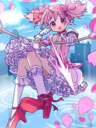 Rule 34 | absurdres, aiming, aiming at viewer, bow (weapon), bubble skirt, frilled skirt, frills, high heels, highres, holding, holding bow (weapon), holding weapon, kaname madoka, kaname madoka (magical girl), kneeling, mahou shoujo madoka magica, medium hair, pink hair, ruru (rurumagi), short twintails, skirt, socks, twintails, weapon
