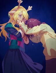 1girl 1other animal_ears antlers beryllium_game black_shirt black_skirt blue_background brown_hair checkered_clothes commentary deer_antlers deer_ears deer_girl deltarune furry furry_female grey_eyes hashtag-only_commentary head_down highres holding_hands horns kris_(deltarune) long_hair long_sleeves noelle_holiday shirt short_hair skirt tears