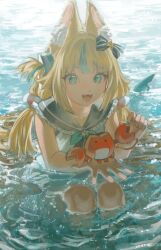 1girl absurdres animal animal_ear_fluff animal_ears blonde_hair blue_eyes blue_hair blue_neckerchief blue_sailor_collar cat_ears crab fangs fins fish_tail hair_ribbon hashtag-only_commentary highres holding holding_animal indie_virtual_youtuber kaniki_(sameko_saba) lifebuoy_hair_ornament long_hair looking_at_viewer low_twintails multicolored_hair neckerchief one_side_up open_mouth partially_submerged ribbon sailor_collar sameko_saba shark_tail smile soareaaa solo streaked_hair tail twintails two-tone_hair virtual_youtuber water