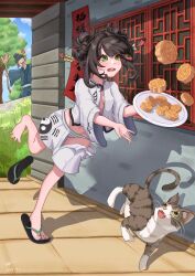 1boy 1girl absurdres alternate_costume angry bell black_hair broom cat food four_leaf_clover_hairstyle green_eyes hair_ornament highres holding mooncake nijisanji open_mouth panties plate running sandals susu_(virtuareal) underwear virtuareal yancheng_xingfu yin_yang