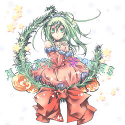 1girl black_choker bow choker closed_mouth commentary_request cowboy_shot cross cross_choker dress expressionless fur-trimmed_dress fur_trim green_eyes green_hair high_priest_(ragnarok_online) long_hair long_sleeves looking_at_viewer matoyuuki merry_christmas off-shoulder_dress off_shoulder pink_dress ragnarok_online red_bow simple_background solo star_(symbol) white_background