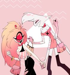 Rule 34 | ama0805, angel dust, cherri bomb, crop top, cyclops, demon boy, demon girl, freckles, happy, hazbin hotel, highres, holding hands, long hair, looking at another, one-eyed, pants, pink hair, sharp teeth, teeth