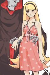 1boy 1girl black_cloak black_eyes black_hairband blonde_hair breasts cleavage cloak collarbone dress floral_print_dress frown grim_(grim_adventures) hairband hand_on_another&#039;s_hip highres holding_another&#039;s_wrist hood hooded_cloak jewelry long_hair looking_at_viewer mandy_(grim_adventures) minominoks pink_dress pink_nails pink_ribbon print_dress ribbon ring skeleton sleeveless sleeveless_dress the_grim_adventures_of_billy_&amp;_mandy very_long_hair white_background
