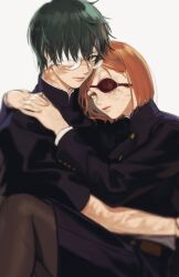 Rule 34 | 2girls, bob cut, brown eyes, burn scar, closed mouth, eyepatch, floral print, glasses, green hair, highres, hug, jujutsu kaisen, kugisaki nobara, multiple girls, nonockha, orange eyes, orange hair, rose print, round eyewear, scar, school uniform, short hair, simple background, upper body, white background, yellow eyes, zen&#039;in maki