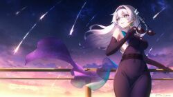 1girl absurdres belt black_belt black_dress black_gloves cloud cloudy_sky covered_navel dress earrings elbow_gloves firefly_(honkai:_star_rail) firefly_(on_the_journey)_(honkai:_star_rail) gloves green_pupils grey_hair hair_between_eyes hair_intakes hair_ornament hand_on_railing highres holding holding_removed_eyewear honkai:_star_rail honkai_(series) jewelry long_hair multicolored_eyes official_alternate_costume open_mouth railing rooftop shirt shooting_star single_earring sky smile solo star_(sky) starry_sky tin_lann tinted_eyewear turtleneck turtleneck_dress turtleneck_shirt two-tone_eyes unworn_eyewear