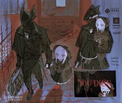 0niku_niku 1boy 1girl aged_down ascot bloodborne bonnet cloak closed_mouth corpse doll_joints dress fence flower gloves grey_hair hat highres holding holding_hands holding_weapon hunter_(bloodborne) joints open_door parted_bangs plain_doll red_ascot rose saw saw_cleaver short_hair tricorne weapon white_hair you_died