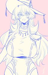 1girl barghest_(fate) barghest_(fgo_fes._2025)_(fate) breasts fate/grand_order fate_(series) hat highres jewelry large_breasts lineart necklace official_alternate_costume open_mouth pink_background ring simple_background sketch solo user_dhue8322