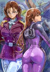 Rule 34 | 1girl, arms behind back, ascot, ass, belt, black belt, bodysuit, braid, braided hair rings, breasts, brown eyes, brown hair, buttons, closed mouth, commentary, cowboy shot, dated, double-breasted, from behind, glasses, gundam, gundam wing, hair down, hair ribbon, hair rings, highres, jacket, lady une, large breasts, legs together, lipstick, long hair, looking at viewer, makeup, mecha, mecha pilot suit, military jacket, military uniform, mobile suit, multiple views, okrdisk2000, pants, purple bodysuit, purple jacket, purple ribbon, red lips, revision, ribbon, robot, round eyewear, science fiction, skin tight, standing, thigh gap, v-fin, very long hair, white ascot, white pants, wing gundam zero