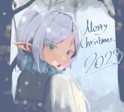 1girl 2023 absurdres aqua_eyes breath commentary earrings frieren from_behind highres jewelry long_hair long_pointy_ears looking_back merry_christmas open_mouth or30_0 outdoors pointy_ears sailor_collar scarf snowing sousou_no_frieren tree twintails upper_body white_hair winter