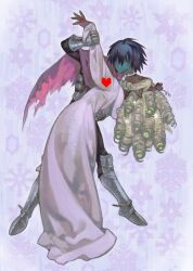 1girl 1other animal_ears antlers armor black_hair blonde_hair blue_skin cape colored_skin deer_antlers deer_ears deer_girl deltarune furry furry_female highres horns jewelry kris_(dark_world)_(deltarune) kris_(deltarune) llama_bobana long_hair long_sleeves noelle_holiday noelle_holiday_(dark_world) pink_cape reindeer_girl robe short_hair thorn_ring_(deltarune) weird_route_(deltarune) white_robe