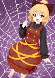 1girl blonde_hair bow brown_dress brown_eyes commentary_request dress hair_bow highres kurodani_yamame long_sleeves looking_at_viewer mist9801km open_mouth pinafore_dress ponytail silk sleeveless sleeveless_dress smile socks solo spider_web touhou